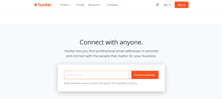 Hunter es una plataforma que te ayuda a encontrar direcciones de correo electrónico corporativas. Aquí te comparto una imagen: