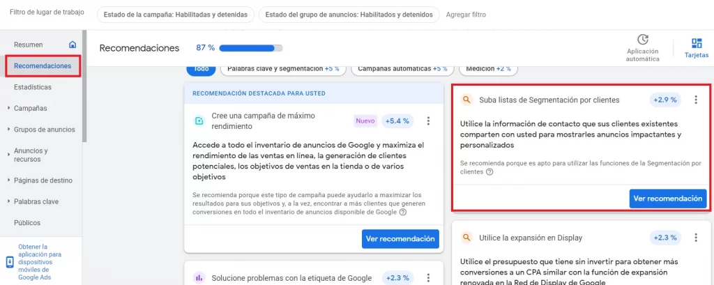 Segmentación por cliente recomendación de Google Ads